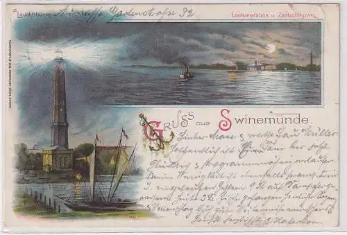 40961 Ak Lithographie Gruß aus Swinemünde Leuchtturm, Lotsenstation 1897