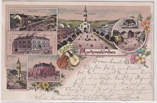 54364 Ak Lithographie Gruß aus Markneukirchen Bahnhof usw. 1900