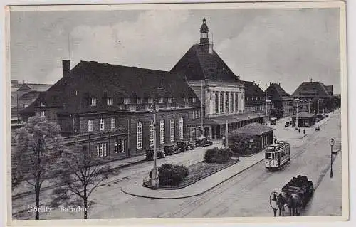 46393 Ak Görlitz Bahnhof mit Straßenbahn und Pferdefuhrwerk um 1940