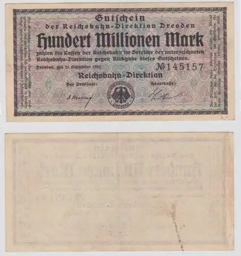 100 Millionen Mark Banknote Dresden Reichsbahndirektion 25.09.1923 (142827)