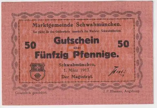 50 Pfennig Banknote Notgeld Stadt Schwabmünchen 01.03.1917 (157307)