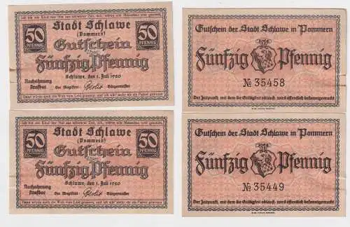 2x 50 Pfennig Banknote Notgeld Stadt Schlawe in Pommern 1. Juli 1920 (155348)