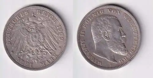 3 Mark Silber Münze Wilhelm II König von Württemberg 1909 ss (124569)