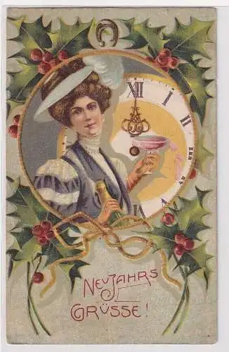 906561 geprägte Ak Neujahrsgrüße Frau mit Sekt vor Uhr 1909