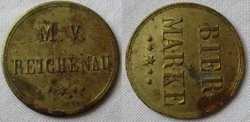 seltene Messing Wertmarke Biermarke M.V. Reichenau um 1920 (143460)