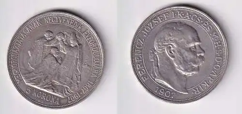 5 Kronen Silber Münze Ungarn Krönungsjubiläum 1907 K.B. f.vz (111115)