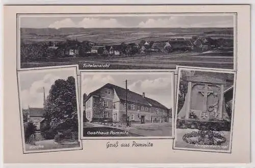 25989 Mehrbild Ak Gruß aus Pomnitz Totale Gasthaus Kriegerdenkmal Kirche um 1940