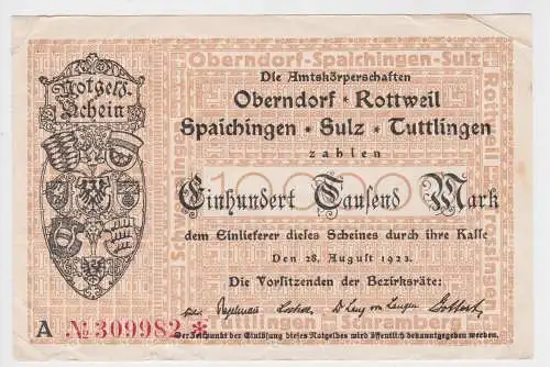 100000 Mark Inflation Banknote Stadtgemeinde Oberndorf usw. 28.8.1923 (129429)