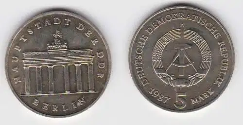DDR Gedenk Münze 5 Mark Brandenburger Tor 1987 fast Stempelglanz (140556)
