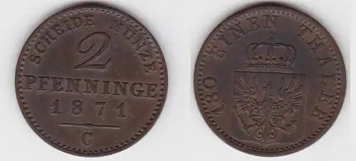 2 Pfennige Bronze Münze Preussen 1871 C f.vz (150001)