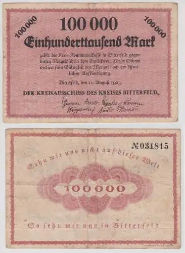 100000 M Banknote Inflation Kreisausschuss Kreis Bitterfeld 11.08.1923 (141767)