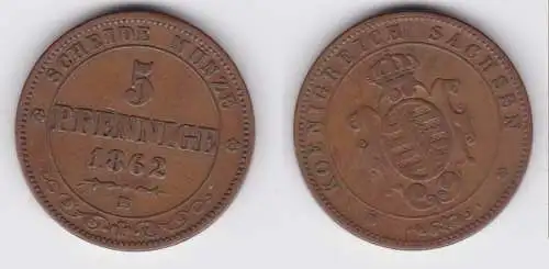 5 Pfennige Bronze Münze Sachsen 1862 B ss (151531)