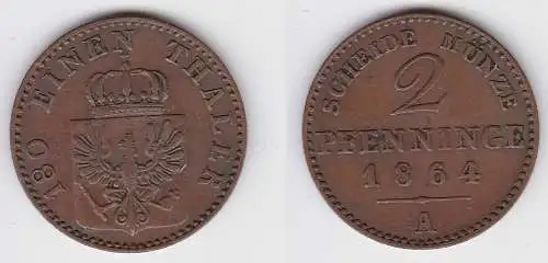 2 Pfennige Kupfer Münze Preussen 1864 A ss (150213)