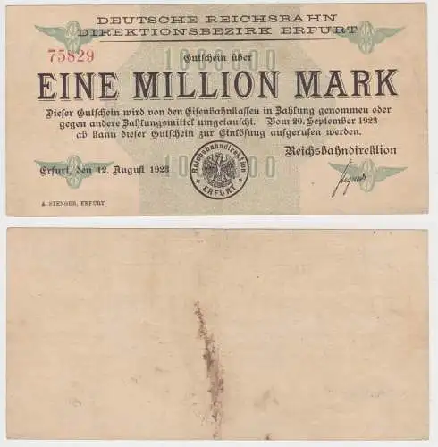 1 Million Mark Banknote Reichsbahndirektion Erfurt 12.8.1923  (144512)
