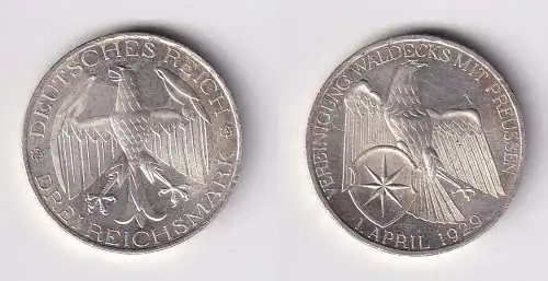 Silbermuenze 3 Mark Vereinigung Waldeck mit Preussen 1929 A vz (144232)
