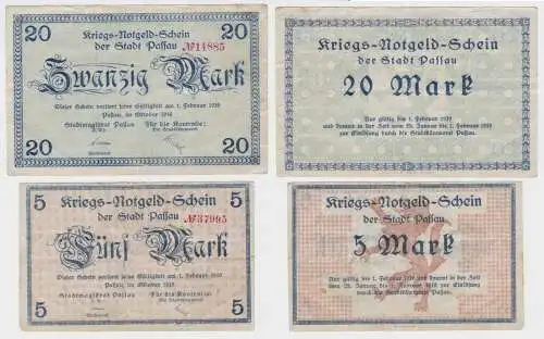 5 und 20 Mark Banknoten Kriegsgeld Stadt Passau Oktober 1918 (119135)