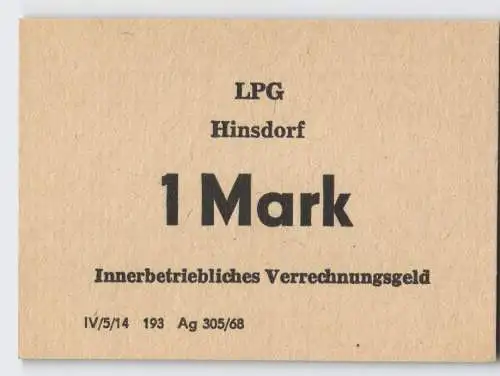 1 Mark Banknote DDR LPG Geld Hinsdorf 1968 (19563)