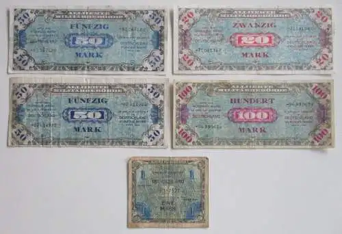 5 Banknoten 1 bis 100 Mark alliierte Besatzung 1944 (129407)