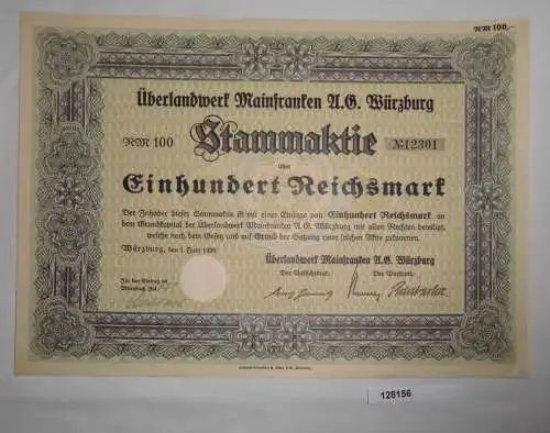 100 RM Aktie Überlandwerk Mainfranken AG Würzburg 1. Juni 1938 (128156)