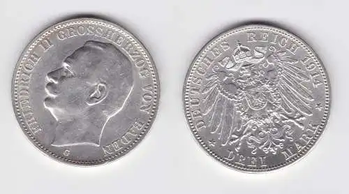 3 Mark Silbermünze Baden Großherzog Friedrich II 1914 Jäger 39 f.vz (151399)