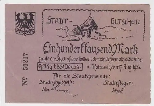 100000 Mark Inflation Banknote Stadtgemeinde Rottweil 17.8.1923 (129330)
