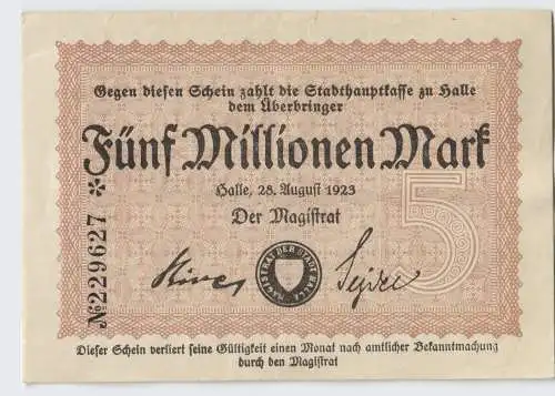 5 Millionen Mark Inflation Banknote Stadthauptkasse Halle 1923 (129212)