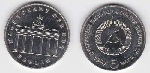 DDR Gedenk Münze 5 Mark Brandenburger Tor 1987 fast Stempelglanz (140436)