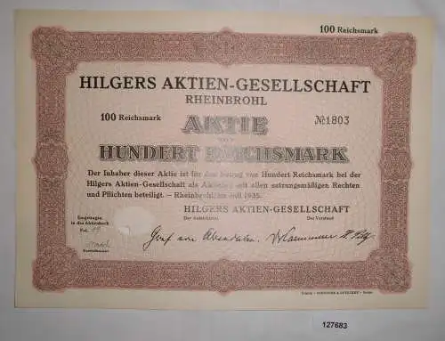 100 Reichsmark Aktie Hilgers AG Rheinbrohl Juli 1935 (127683)