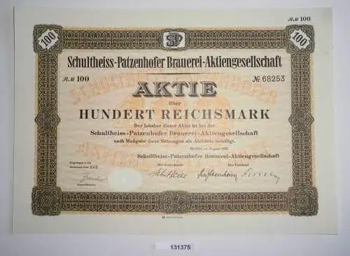 100 Reichsmark Aktie Schultheiss-Patzenhofer Brauerei AG Berlin 1932 (131375)