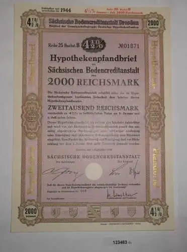 2000 RM Pfandbrief Sächsische Bodencreditanstalt Dresden 1. Sept. 1938 (123483)