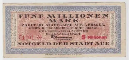 5 Millionen Mark Banknote Stadt Aue im Erzgebirge 23.8.1923  (137737)