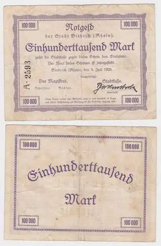 100000 Mark Banknote Inflation Stadt Biebrich (Rhein) 3.7.1923 (119244)