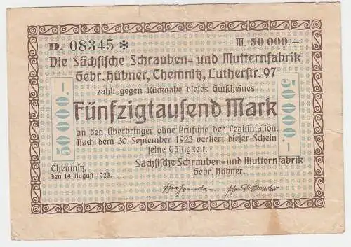50000 Mark 1923 Banknote sächs.Schraubenfabrik Hübner Chemnitz  (103533)