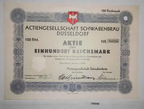 100 Reichsmark Aktie AG Schwabenbräu Düsseldorf Januar 1929 (124248)