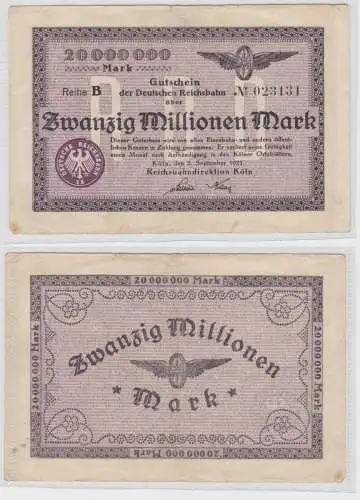 20 Millionen Mark Banknote Reichsbahndirektion Köln 11.8.1923 (135623)