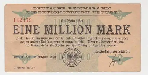 1 Million Mark Banknote Reichsbahndirektion Erfurt 12.8.1923  (137734)
