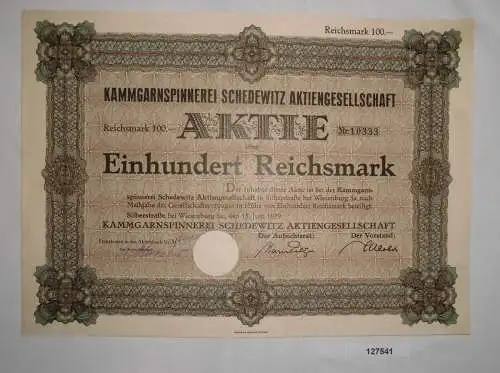 100 RM Aktie Kammgarnspinnerei Schedewitz AG Silberstr. b. Wiesenburg (127541)