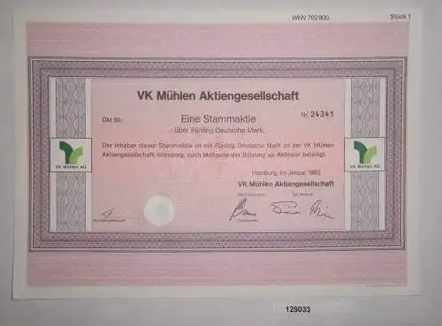 50 Mark Aktie VK Mühlen AG Hamburg Januar 1992 (129033)