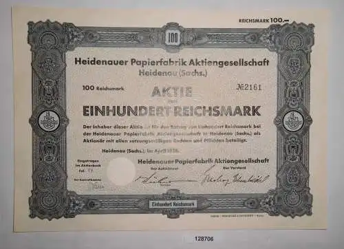 100 Reichsmark Aktie Heidenauer Papierfabrik AG April 1938 (128692)