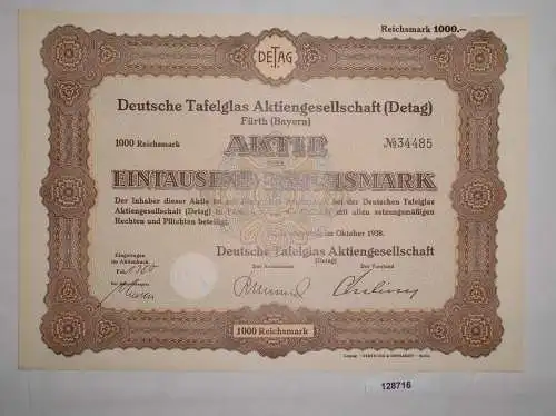 1000 Reichsmark Aktie Deutsche Tafelglas AG (Detag) Fürth Oktober 1938 (128716)