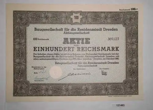 100 Reichsmark Aktie Baugesellschaft Residenzstadt Dresden Oktober 1941 (121463)