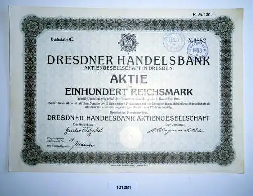 100 Reichsmark Aktie Dresdner Handelsbank AG in Dresden November 1924 (131281)