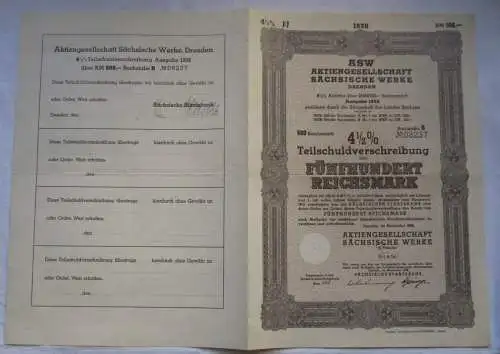 500 RM Schuldverschreibung ASW AG Sächsische Werke Dresden November 1938 /125444