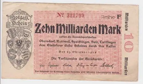 10 Mrd. Mark Inflation Banknote Stadtgemeinde Oberndorf usw. 25.10.1923 (129426)
