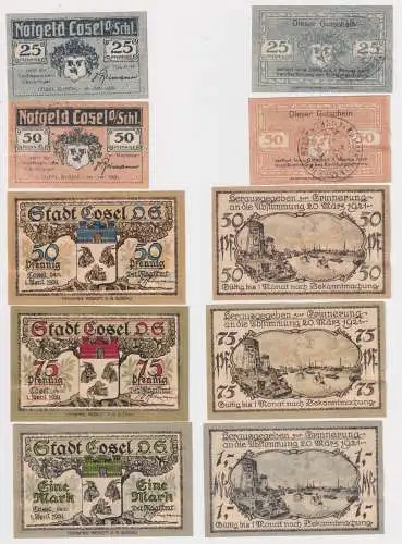 4 Banknoten Notgeld der Stadt Cosel Oberschlesien (Koźle) 1920-1921 (159359)