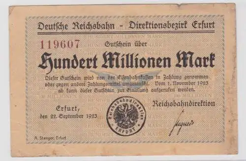 100 Millionen Mark Banknote Reichsbahndirektion Erfurt 22.09.1923 (137635)