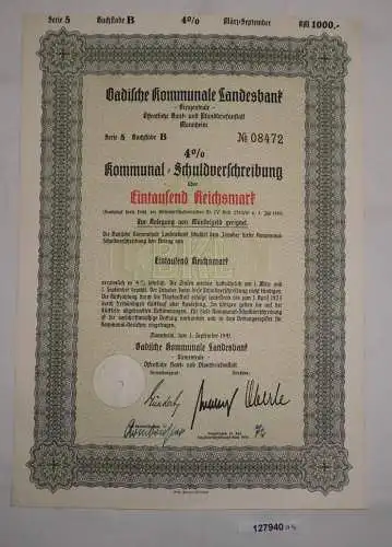 1000 Reichsmark Schuldver. Badische kommunale Landesbank Mannheim 1941 (127940)