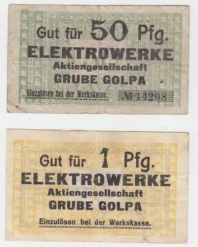 1 & 50 Pfennig Banknoten Notgeld Elektrowerke Grube Golpa um 1920 (105352)
