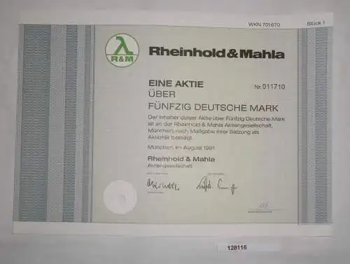 50 Mark Aktie Rheinhold & Mahla AG München im August 1991 (128115)