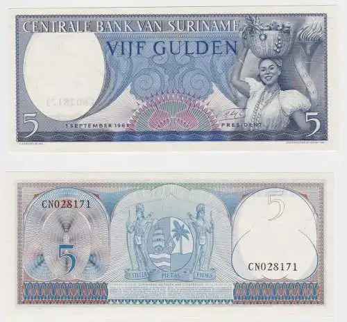 5 Gulden Banknote Suriname 1963 bankfrisch UNC Pick 127 (151644)